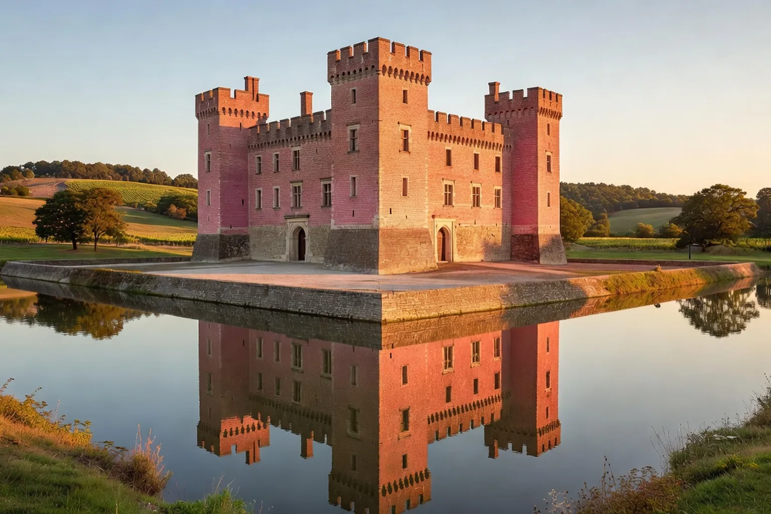 Façade en briques rouges du château de Saint-Fargeau au coucher du soleil