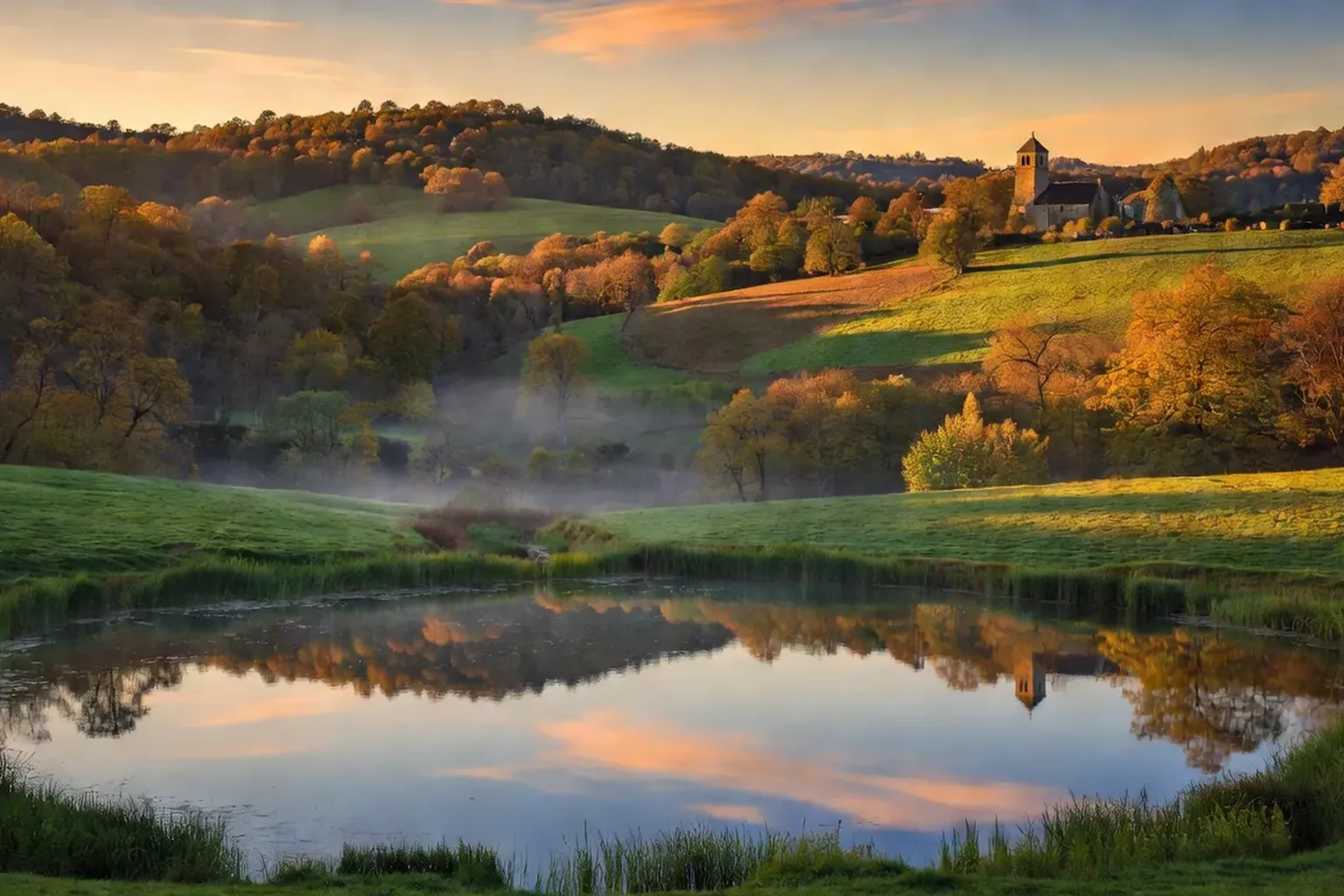 Étang du Bourdon et forêts de la Puisaye-Forterre à la lumière dorée, terres ocres de Bourgogne